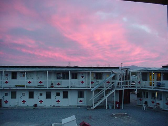 Coralici troop quarters at sunset.